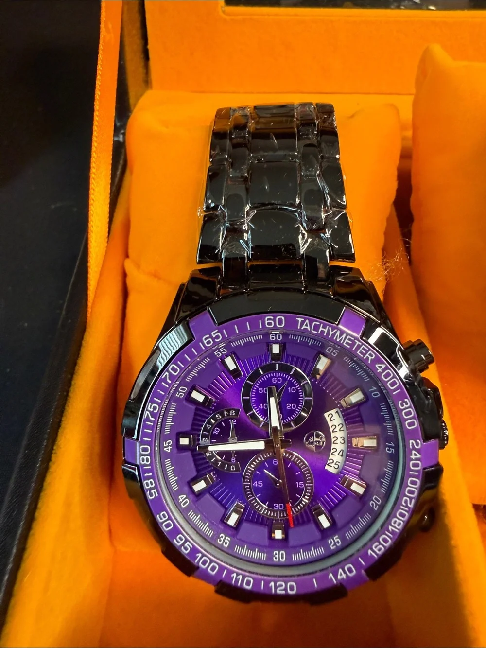 AJ Chronograph Watch- Purple with Stainless Steel Size 12 Men’s Ring